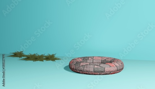 green background with brick objects on the edges of the leaves