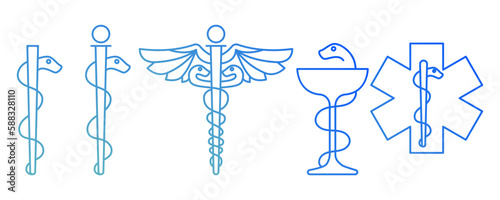 Set vector linear symbols of medicine blue icons of medicine sign with snake  hospital  medical sign on white background eps10
