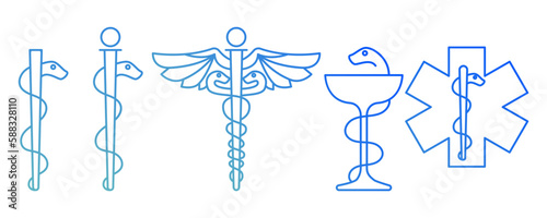 Set vector linear symbols of medicine blue icons of medicine sign with snake, hospital, medical sign on white background eps10
