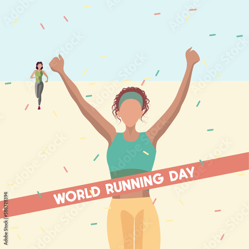 Vector illustration in flat style, two women jogging, the winner of the race finishes with a ribbon. World running day.