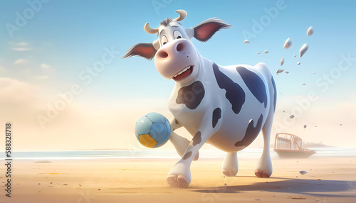 Cute Cow play Football on Beach , Soft Cartoon , Generative AI 