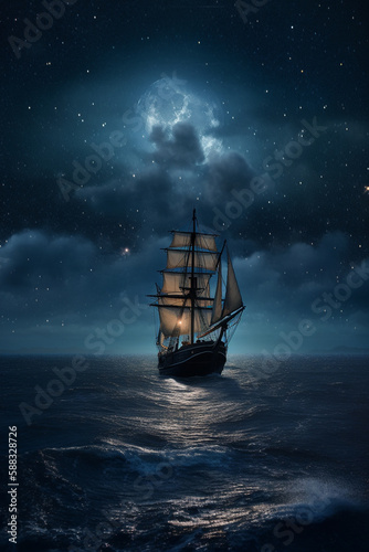 Sailing ship in the sea against the background of the starry sky. AI generated