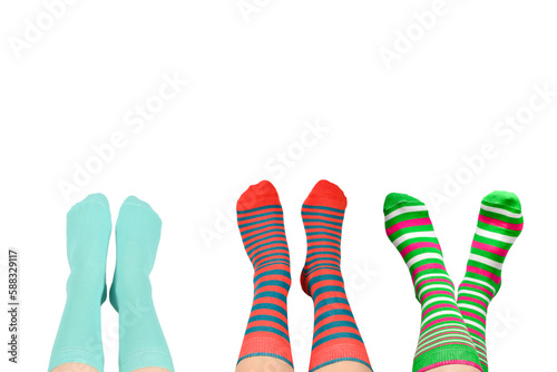Woman in blue socks isolated on white background. Top view.
