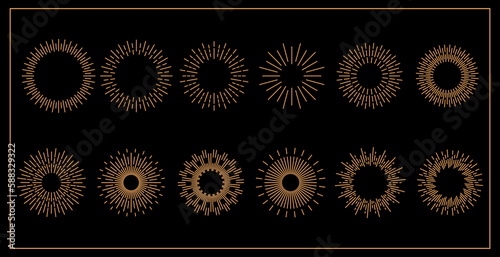 set of golden thin linear sun rays on brown background vector eps10 graphic