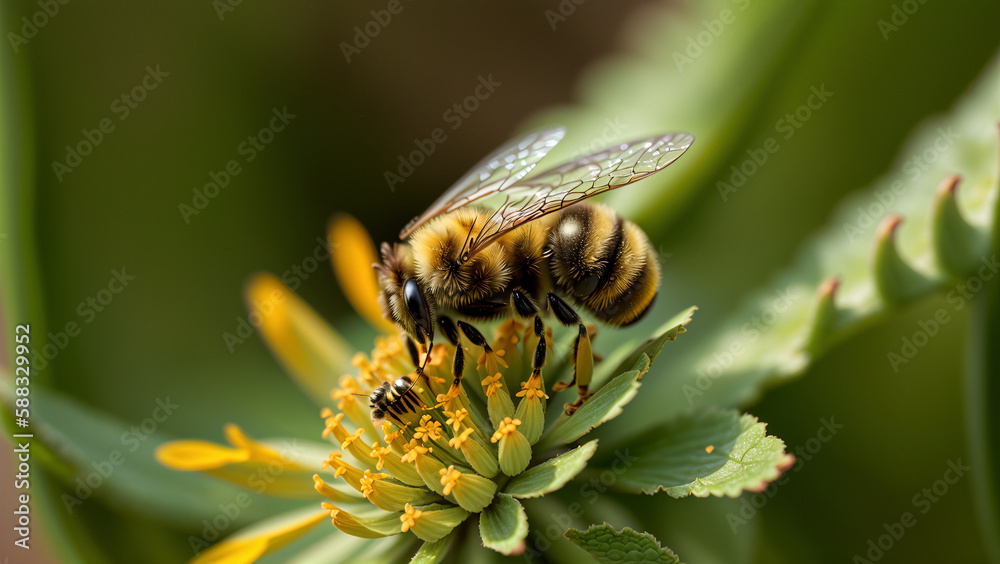 macro photo of bee sitting on flower head, generatice AI