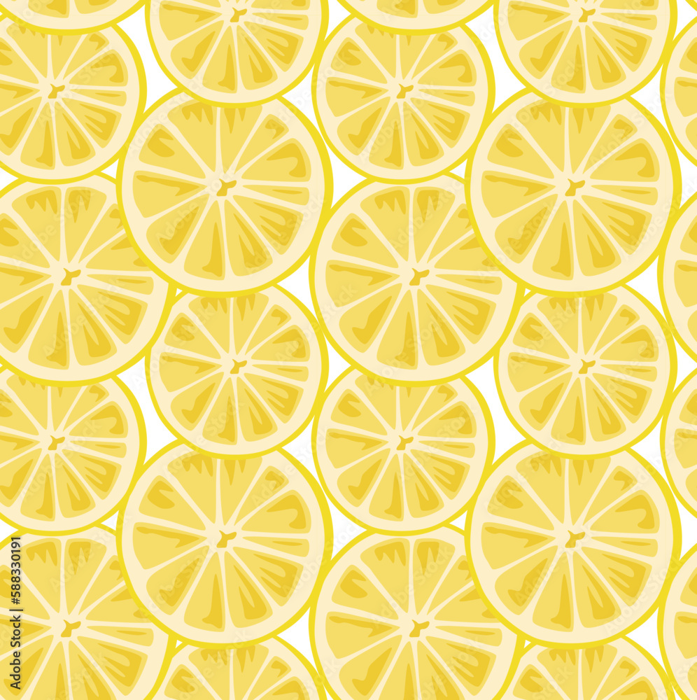 Round slices of lemon. Seamless pattern in vector. Bright and modern pattern. Suitable for prints and backgrounds. Round slices of lemon. Seamless pattern in vector. Bright and modern pattern. Suitable for prints and backgrounds.