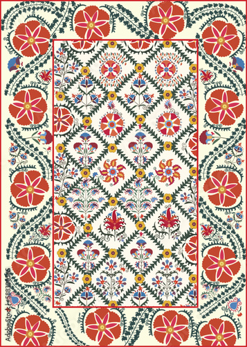 Suzani - a traditional textile product in Uzbekistan, a home interior element. Nowadays using for decorating fashion outfits and other creative elements. 
