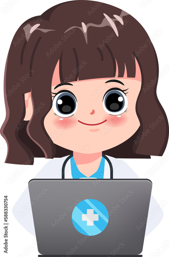 Doctor cartoon character online talking with patient. Doctor cartoon character online talking with patient.