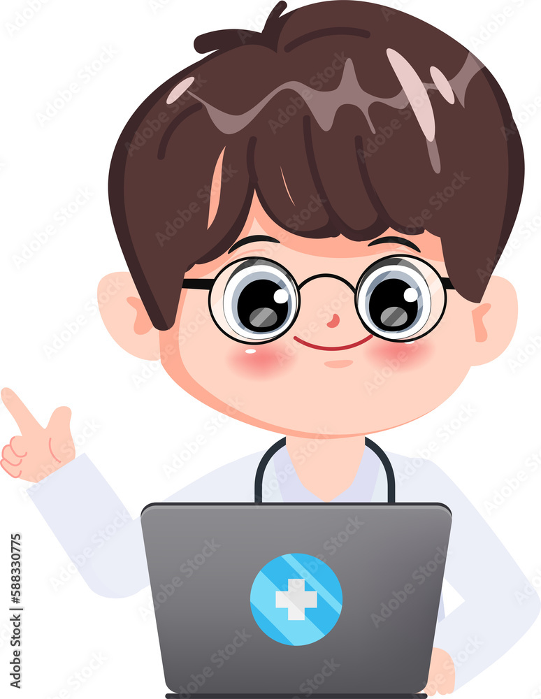 Doctor cartoon character online talking with patient.