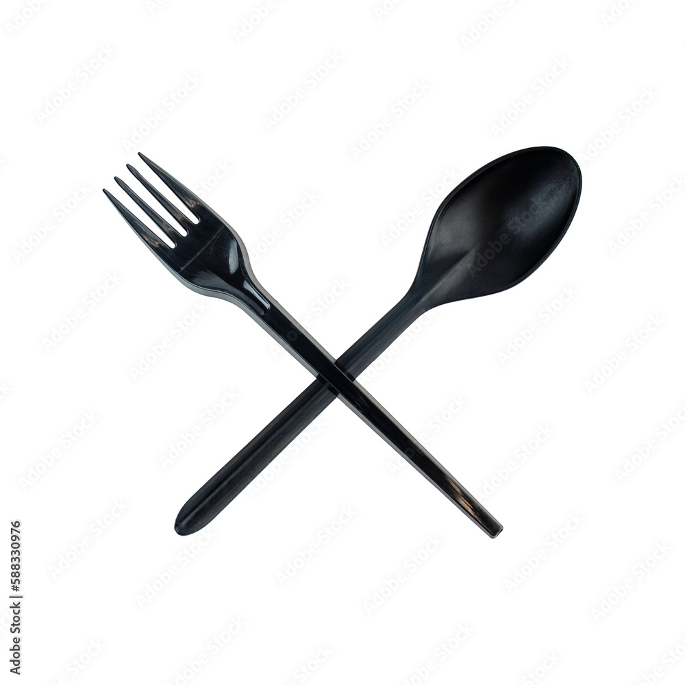 plastic spoon and fork on a white background, the concept of refusing plastic dishes, cross sign, plastic spoon and fork on a white background, the concept of refusing plastic dishes, cross sign,