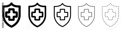 Medical shield icons set. Black shield with medical cross. Save shield icon. Vector illustration. Abstract logo design