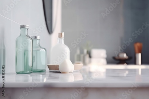Blank Shelf Decoration Mockup in Bathroom with Copy Space for Product on Blurred Background