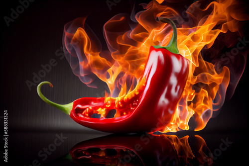 Super hot red pepper on fire. AI generated