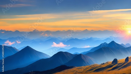 Sunset in a mountainous setting art paint. 