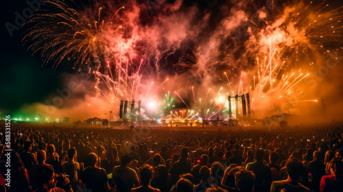 Outdoor Music Festival: A Vibrant Crowd Enjoying a Stunning Show of Sound and Fireworks, Generative AI