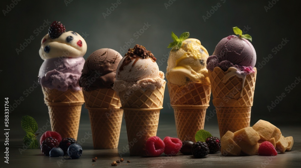 Variety of ice cream cones, generative ai