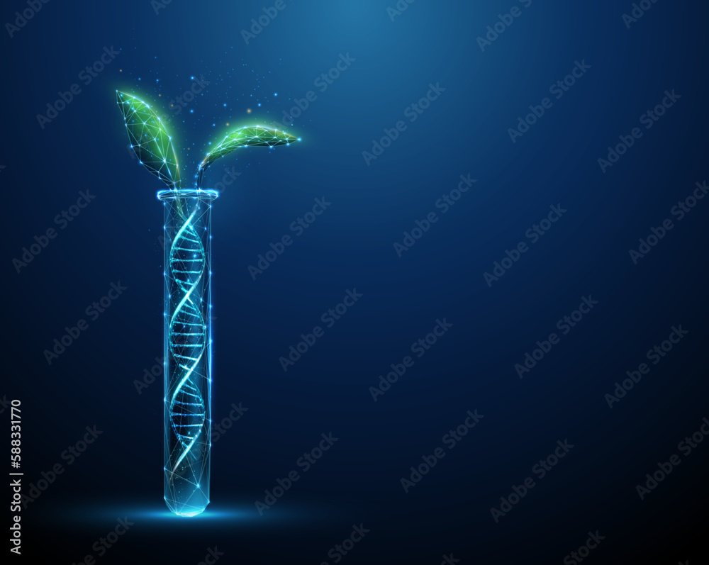 Obraz premium Green plant leafs growing from DNA molecule helix in test tube.