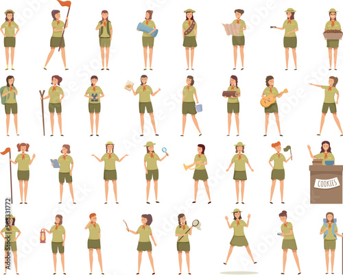 Girl scouts icons set cartoon vector. Adventure outfit. Child camp