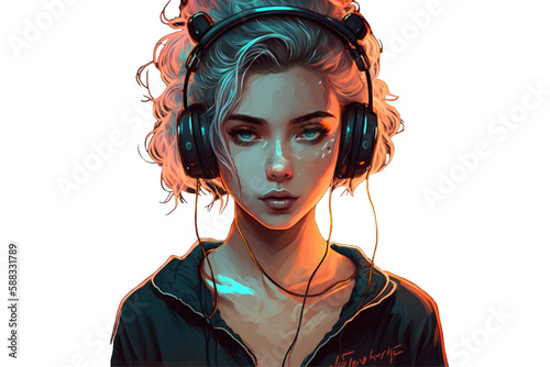 ofi style. Blond woman with headphones on transparent background. Cartoon. Relaxing, chill, positive vibes. Generative AI photo