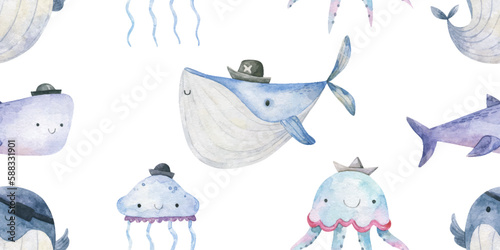 seamless sea pattern. Endless pattern with underwater world, colorful fish seamless pattern. Underwater background. Cute pattern for various products, clothing, textiles, etc