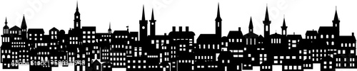 Town silhouette, city skyline, roofs of buildings, factories, churches and houses in night cityscape aerial vector illustration.