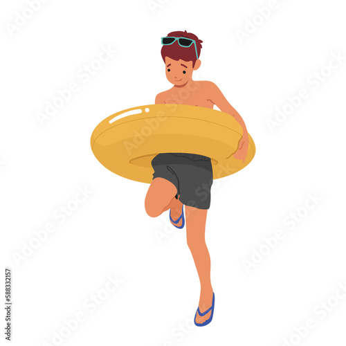 Little Boy Stand with Inflatable Ring, Happy child Grinning Widely, his Arms Are Wrapped Tightly Around The Yellow Float