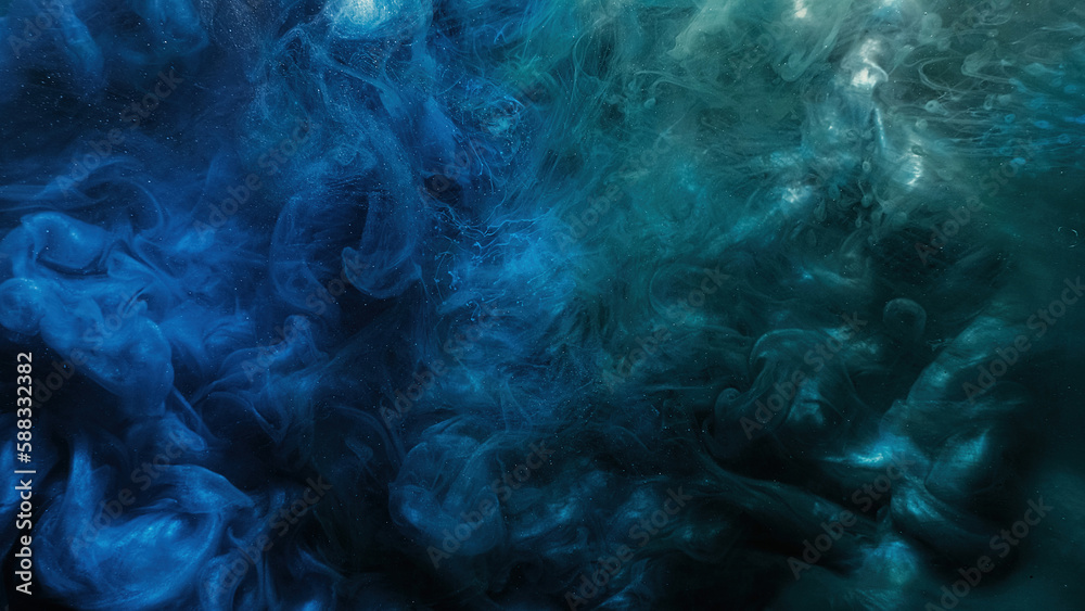 Paint water. Color smoke. Underwater explosion. Blue green glowing glitter fluid splash vapor cloud on dark black abstract art background. Paint water. Color smoke. Underwater explosion. Blue green glowing glitter fluid splash vapor cloud on dark black abstract art background.