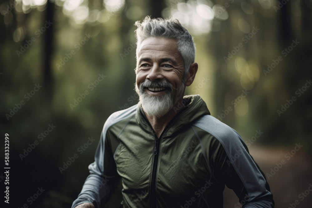Portrait of a grey haired older man exercising outdoors. Generative ai