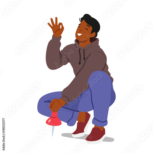 Young Man Holding Huge Pin In Hand And Making Okay Gesture. Image Depicts A Sign Of Approval Or Agreement