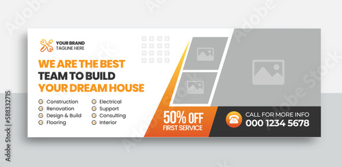 Construction renovation handyman home repair social media cover banner template | Editable construction business social media cover | real estate house property cover design template