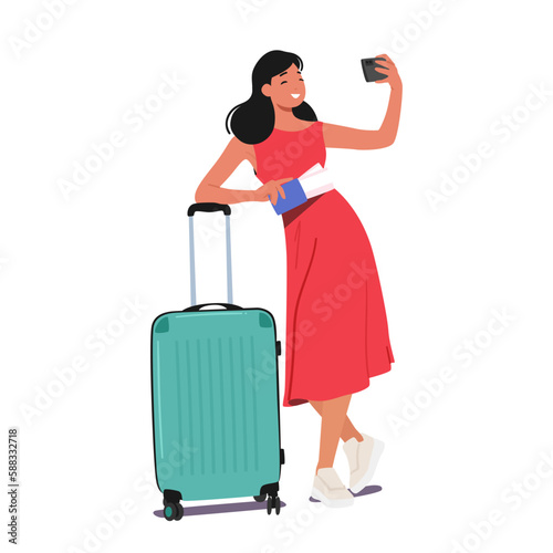 Young Woman Holding Suitcase And Tickets Snaps A Selfie With Her Phone. She Is All Set To Embark On A Journey