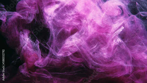 Glitter mist. Paint water splash. Magic spell. Bright pink purple color shiny smoke veil wave on black abstract art background with free space.