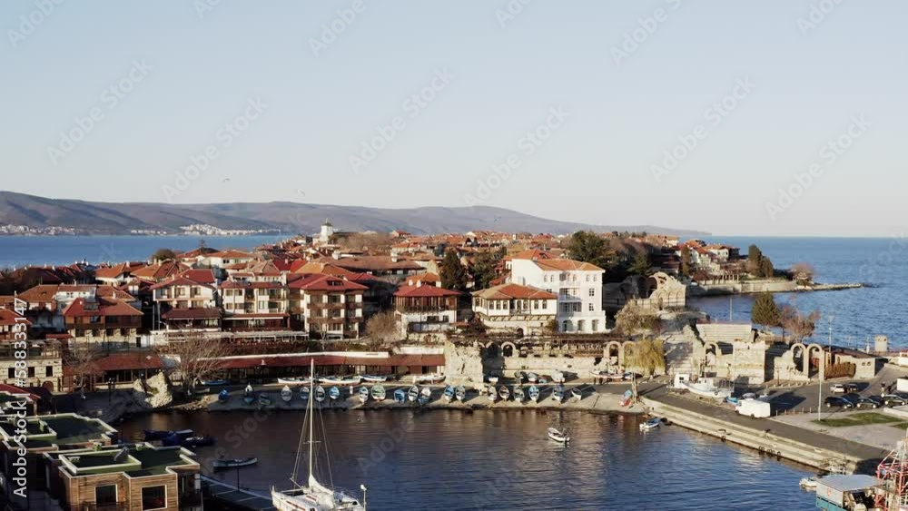 Reveal shot over Nesebar fishing harbour Black Sea coastal resort Bulgaria Reveal shot over Nesebar fishing harbour Black Sea coastal resort Bulgaria