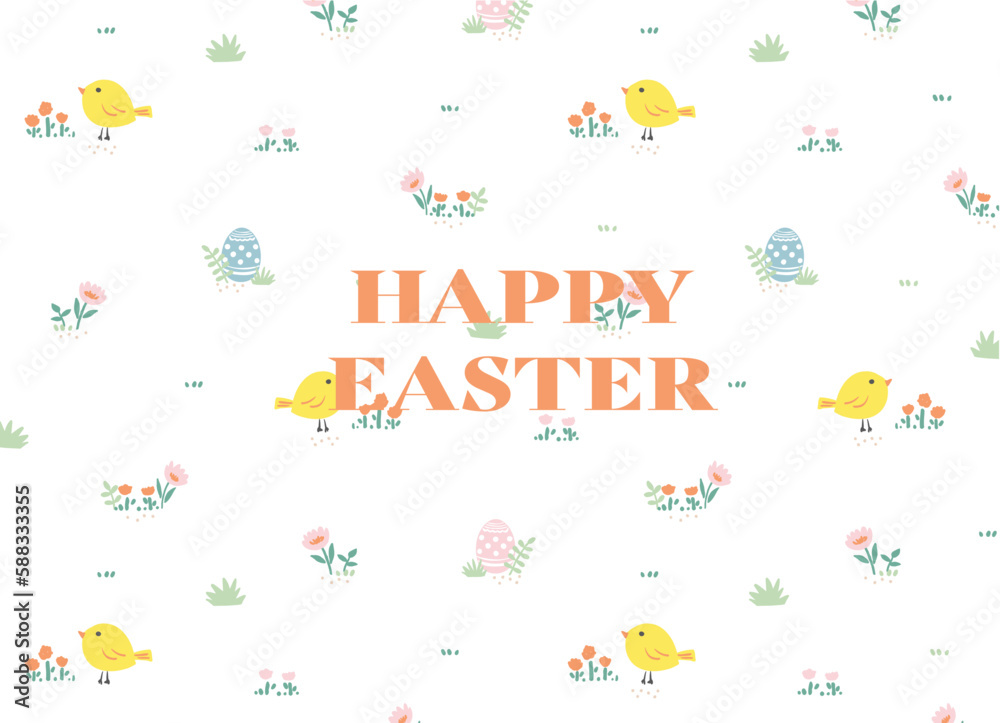 Happy Easter card. Cute easter egg, birds and flowers elements. Vector illustration for card, banner, invitation, social media post, poster, mobile apps, advertising.