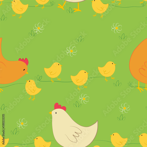 Vector seamless pattern with chickens and yellow chicks characters in green grass in cartoon style. Digital seamless Easter design with chickens and chicks