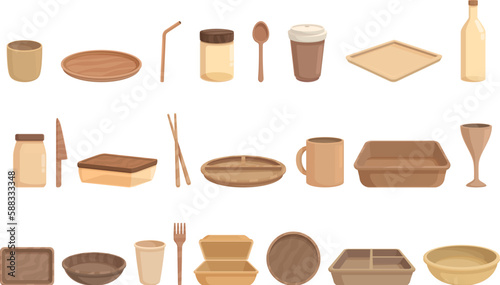 Biodegradable tableware icons set cartoon vector. Food paper. Party plate