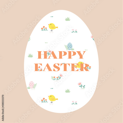 Happy Easter card. Cute easter egg, birds and flowers elements. Vector illustration for card, banner, invitation, social media post, poster, mobile apps, advertising.