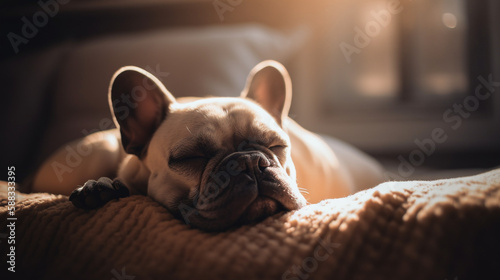 Portrait de Bulldog français qui dort sur canapé généré par IA © Sébastien Leichner