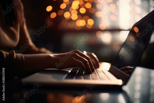 A businesswoman typing on a laptop, bokeh Generative AI