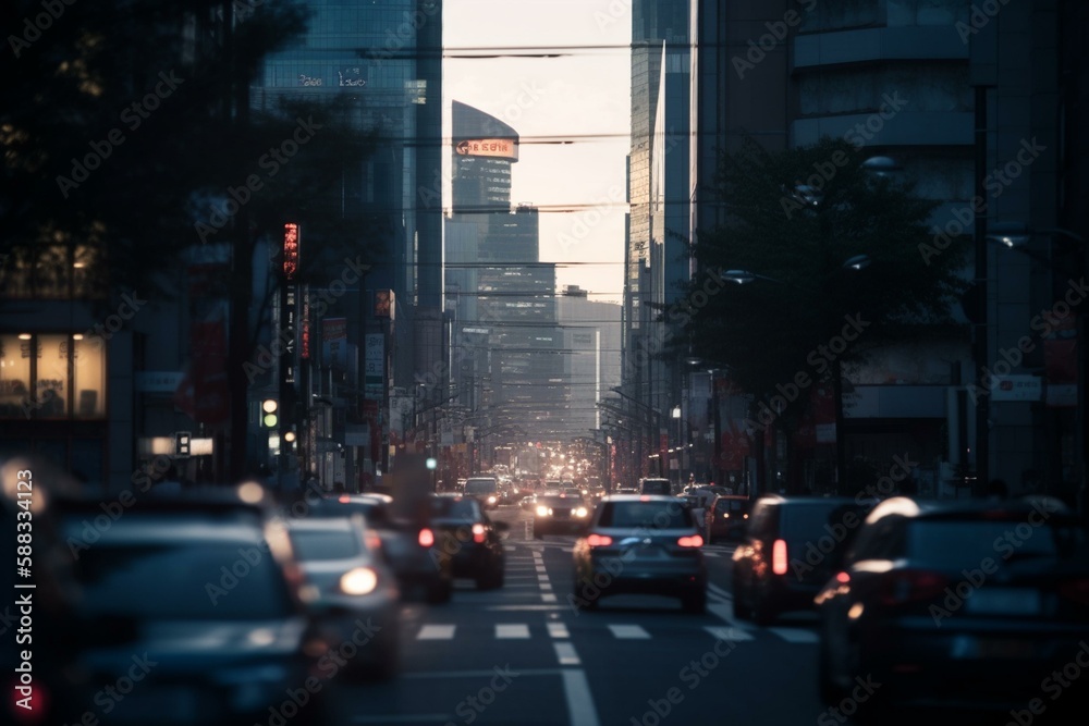 A busy city street with skyscrapers, bokeh Generative AI
