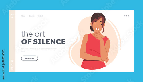 Art of Silence Landing Page Template. Female Character Displaying Gesture Of Silence By Pressing Finger Against her Lips
