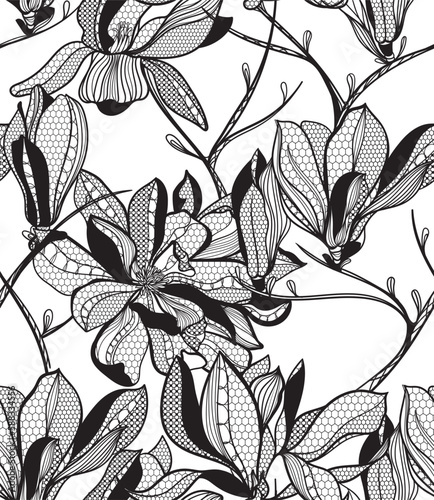 seamless lace pattern, vector illustration, magnolia flowers