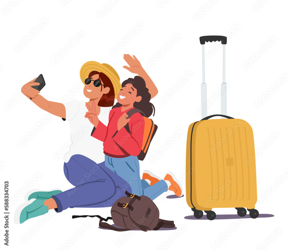 Mother And Daughter Taking Selfie Near Luggage Bags Capturing Their Travel Memories In A Fun And Exciting Way Mother And Daughter Taking Selfie Near Luggage Bags Capturing Their Travel Memories In A Fun And Exciting Way