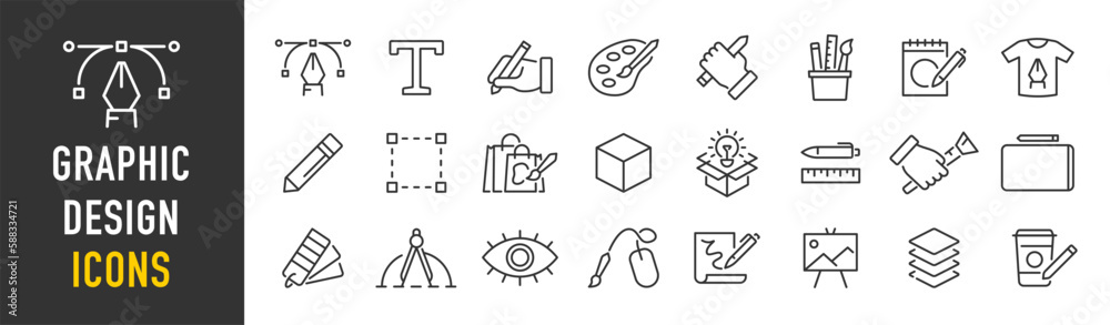 Graphic design web icons in line style. Icons for graphic designer, creative package, stationary, software, creativity, tools, drawing, collection. Vector illustration.