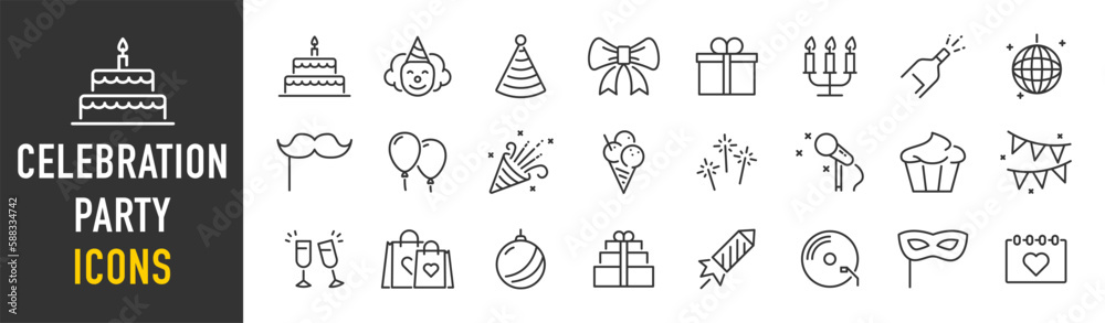 Celebration and Party web icons in line style. Birthday, dancing, happy new year, christmas, event, holidays, congrats, music, carnival, collection. Vector illustration. Celebration and Party web icons in line style. Birthday, dancing, happy new year, christmas, event, holidays, congrats, music, carnival, collection. Vector illustration.