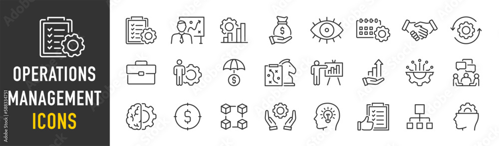Operations management web icons in line style. Logistics, business process, maintenance, supply chain, improvement, planning, collection. Vector illustration. - obrazy, fototapety, plakaty 