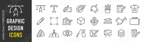 Graphic design web icons in line style. Icons for graphic designer, creative package, stationary, software, creativity, tools, drawing, collection. Vector illustration.