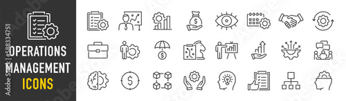 Operations management web icons in line style. Logistics, business process, maintenance, supply chain, improvement, planning, collection. Vector illustration.