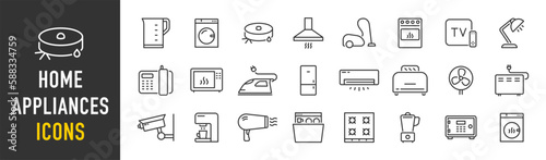 Home Appliances web icons in line style. Household appliance, vacuum cleaner, refrigerator, TV, cooking, entertainment, conditioning, dishwasher, collection. Vector illustration.