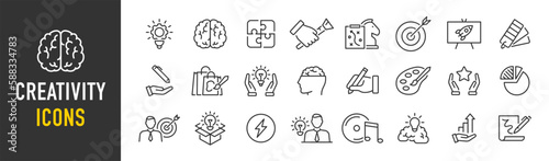 Creativity web icons in line style. Creativity, Finding solution, Brainstorming, technology, teamwork, Inspiration, Creative thinking, Brain. Vector illustration.
